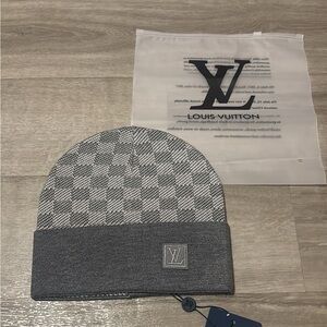 Louis Vuitton Grey Checker Knit Cuff Beanie
